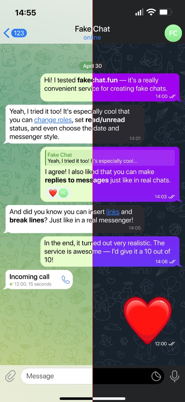 Fausse conversation WhatsApp avec option de sélection de thème.