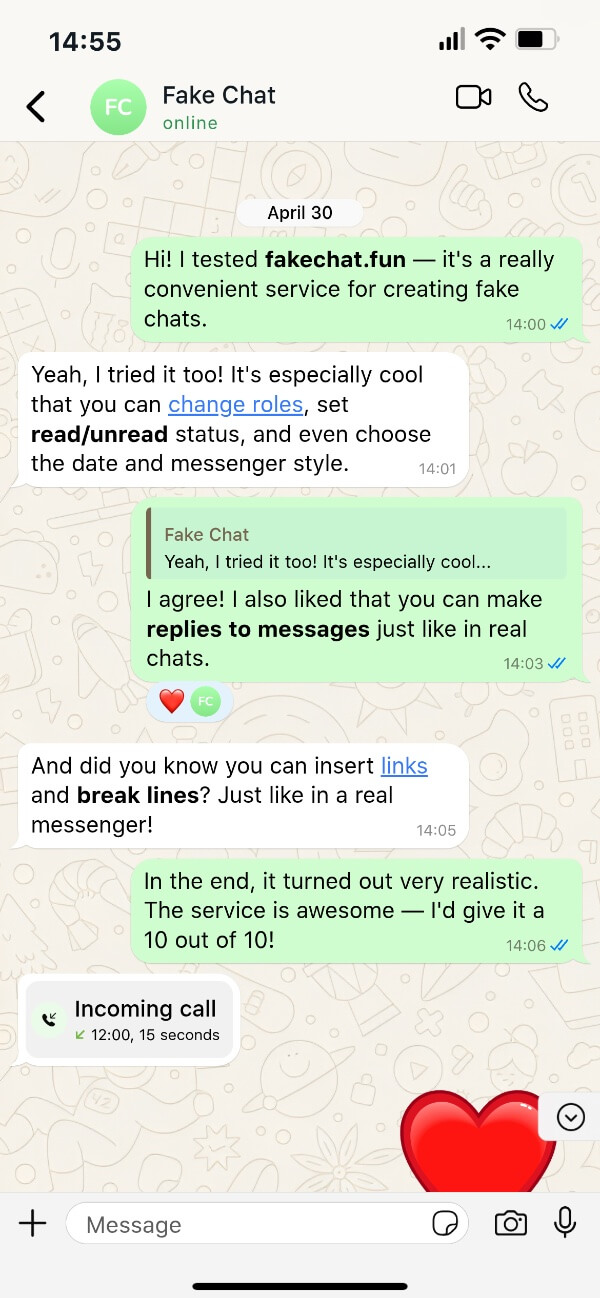 Fausse conversation Instagram Direct avec paramètres de statut et d'icônes.