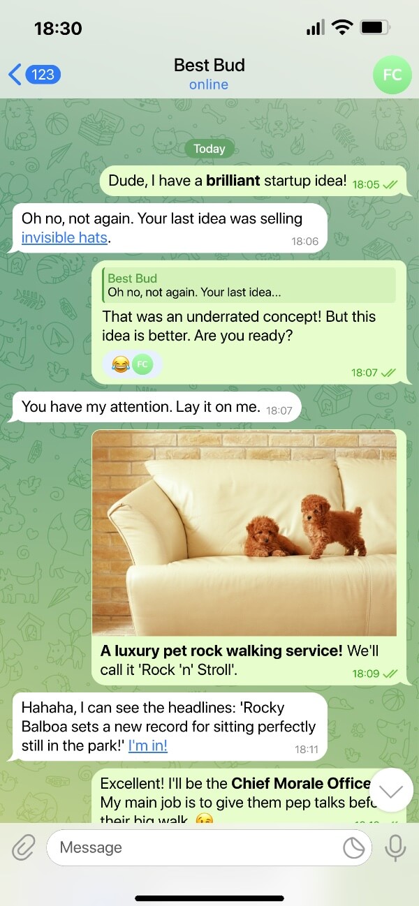 Exemple d'une fausse conversation Telegram créée avec un thème clair.