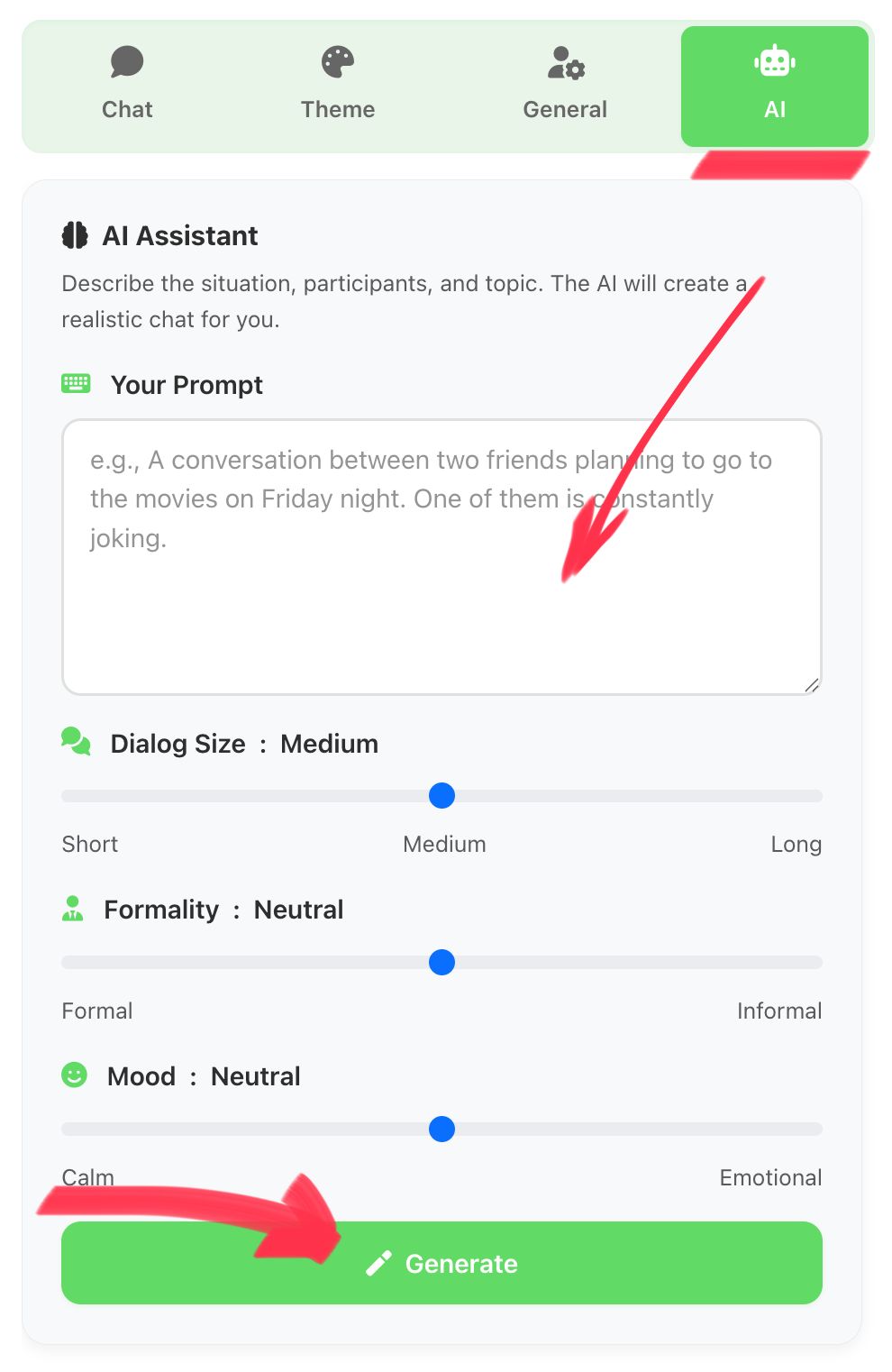 AI chat generator interface